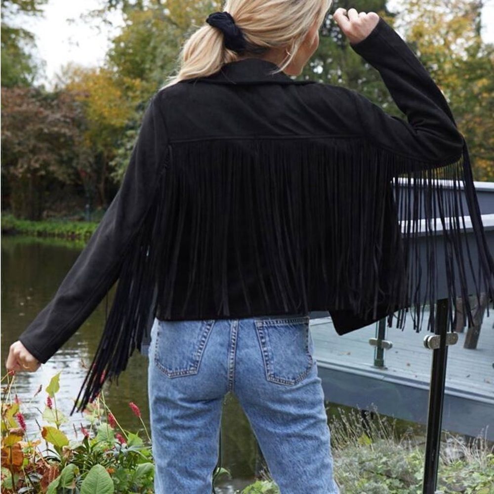 SHEIN Zip Up Fringe Trim Jacket sz 2 XS